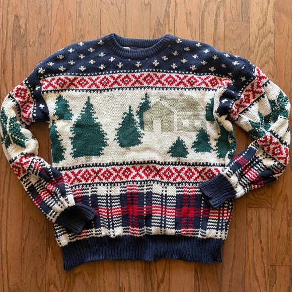 liberty Other - liberty vintage USA Men's Navy, Green & Red Holiday Crewneck Sweater cabin plaid